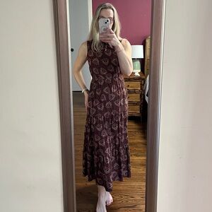 OCTAVIA Navy Blue Orange Brown Geometric Pattern Flowy Maxi Dress Fall W…